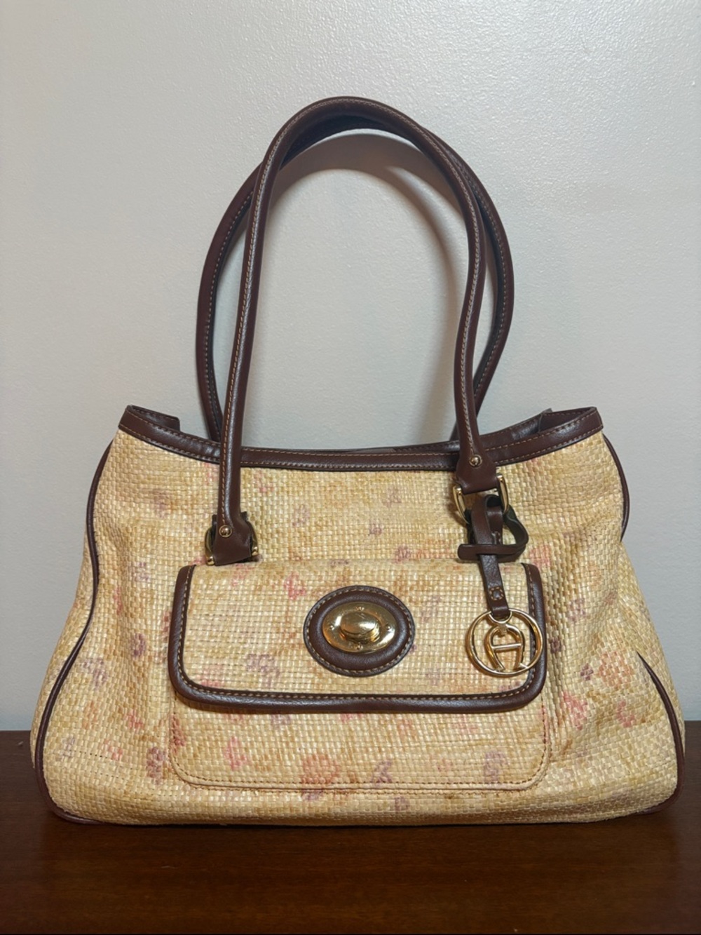 Woven Aigner Straw Tote Bag with Brown Leather Trim